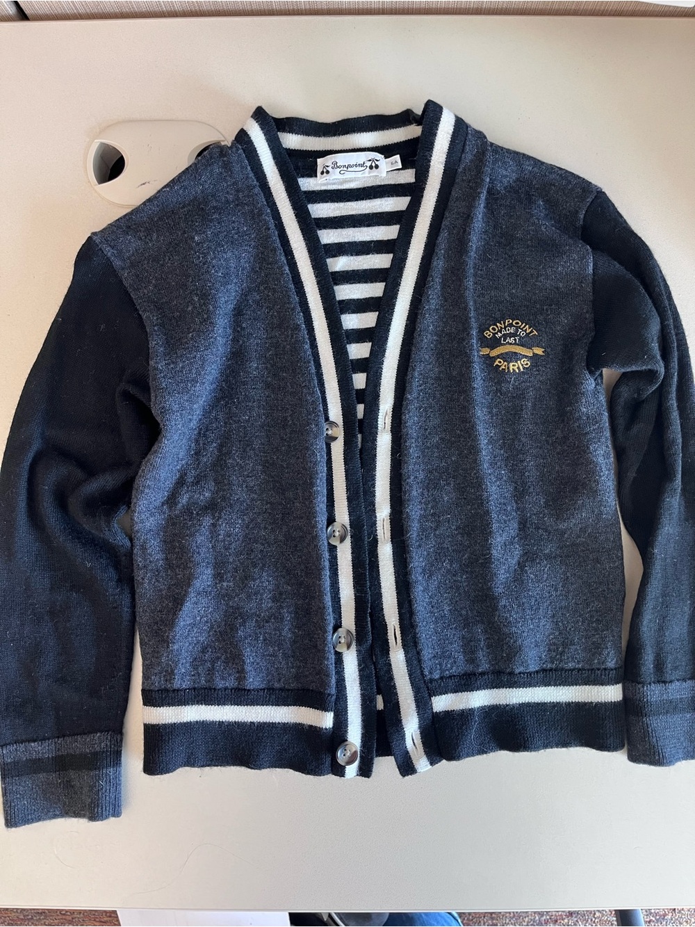 Bonpoint Navy Cardigan with White Striped Trim